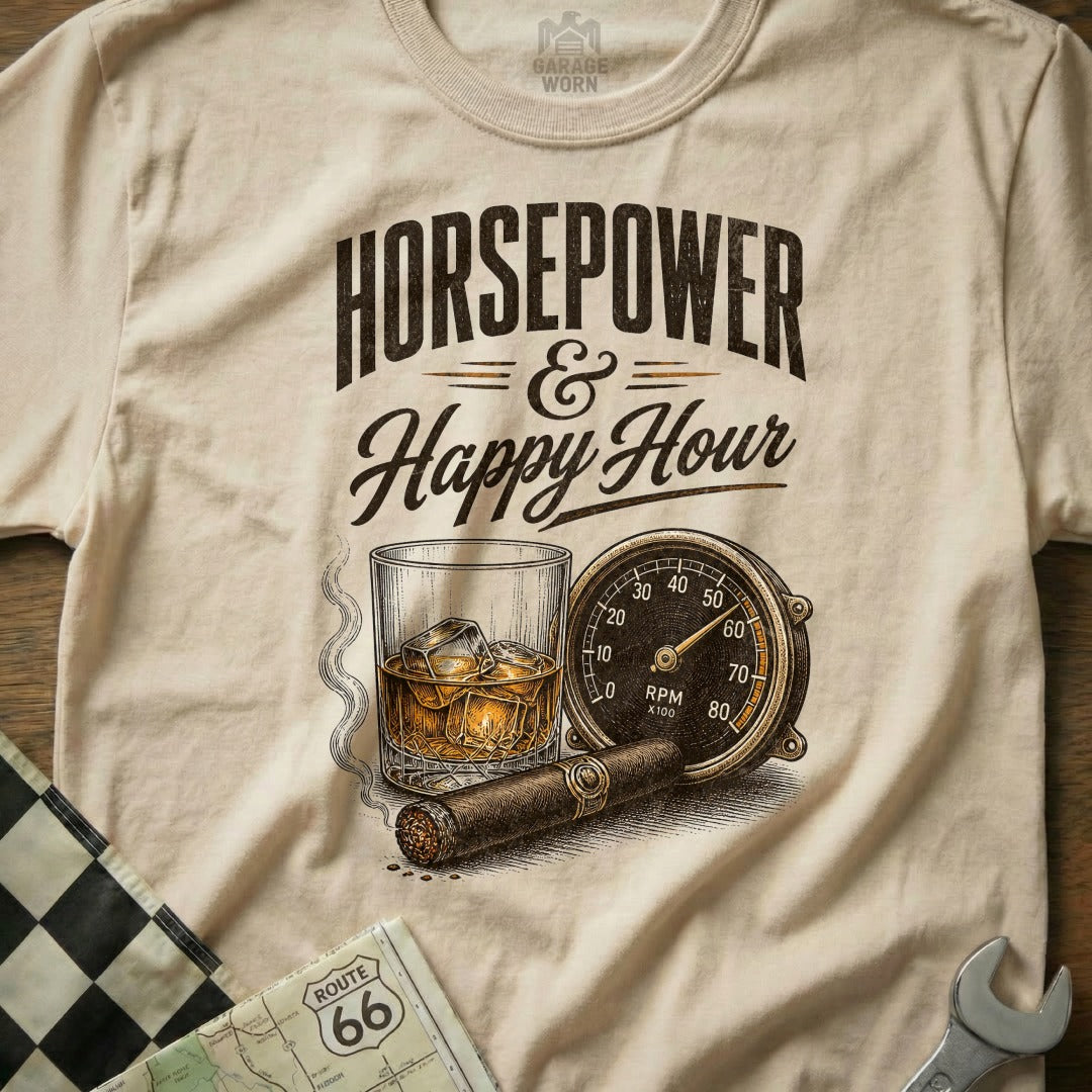 T-shirt with "Horsepowe & Happy Hour" text, whiskey, cigar, dashboard gauge, and Route 66 map.