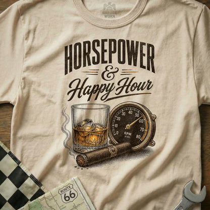T-shirt with "Horsepowe & Happy Hour" text, whiskey, cigar, dashboard gauge, and Route 66 map.