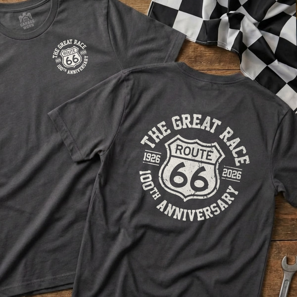 Dark gray t-shirt with "The Great Race Route 66 100th Anniversary" graphic.