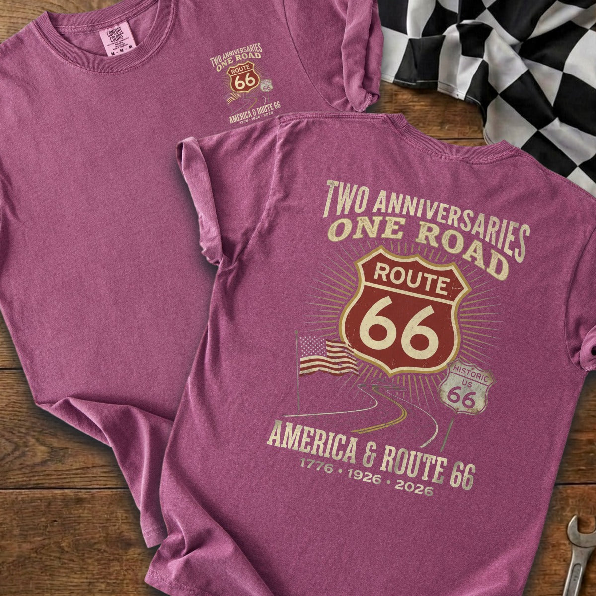 Rose t-shirt with Route 66 and America 1776-1926-2026 graphic.
