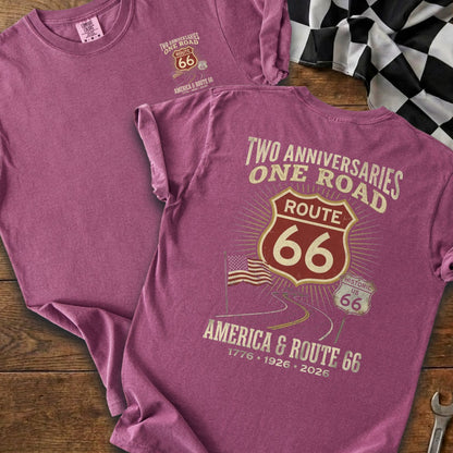 Rose t-shirt with Route 66 and America 1776-1926-2026 graphic.