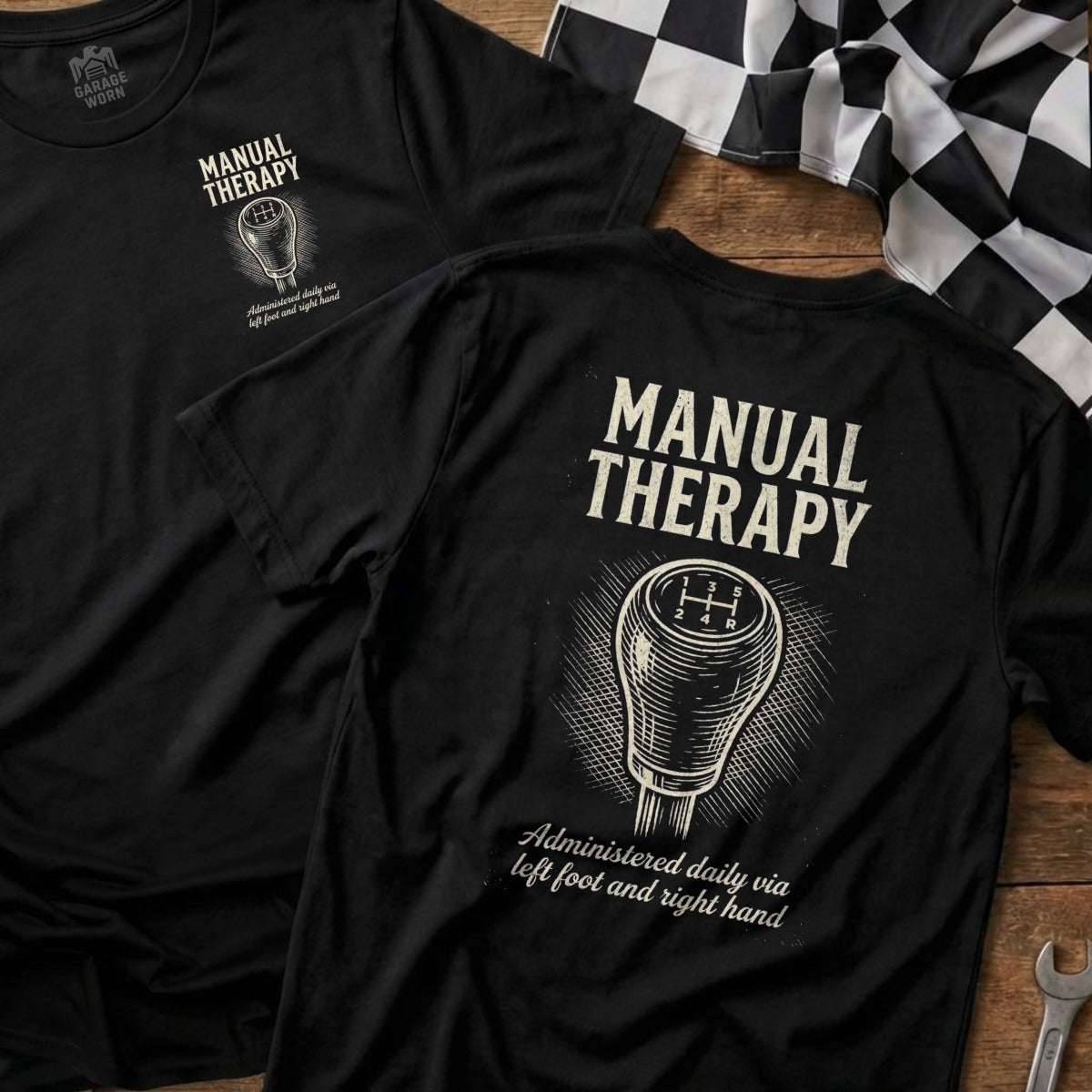 Black t-shirts with "Manual Therapy" text and gear shift graphic.