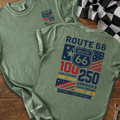 Green shirt with Route 66 100th and America's 250th anniversary graphic.