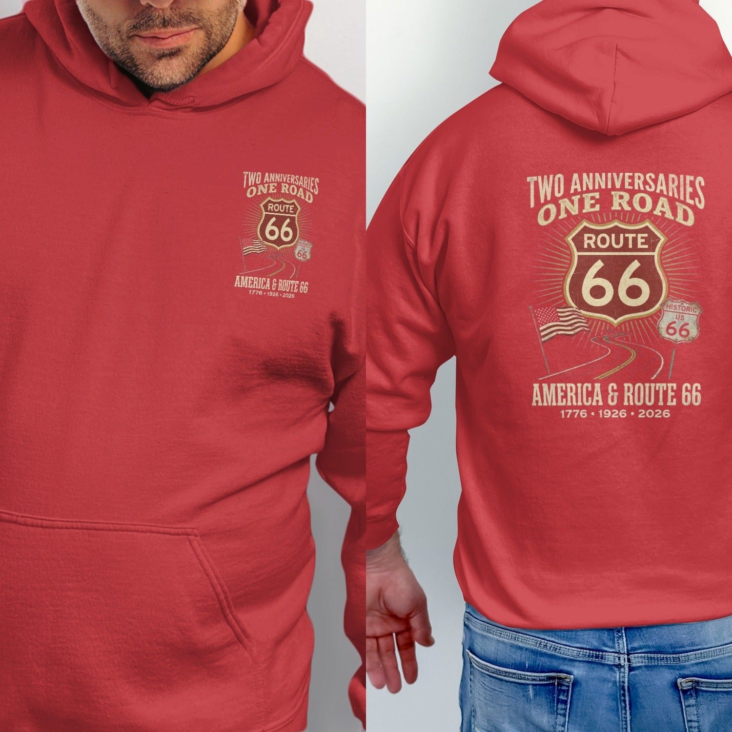 Red hoodie with Route 66 anniversary graphic.