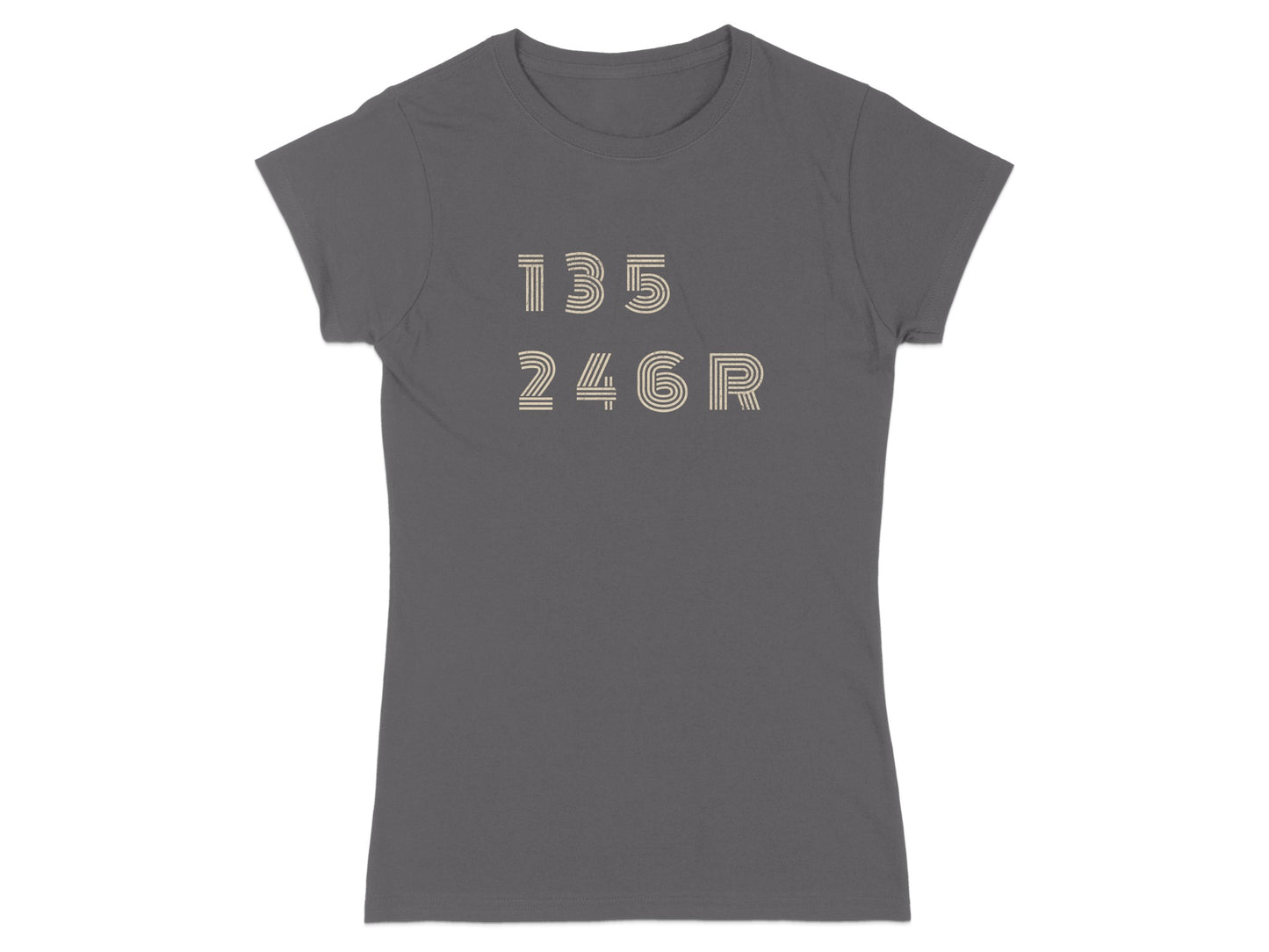 Dark grey t-shirt with "135 246R" in white text.