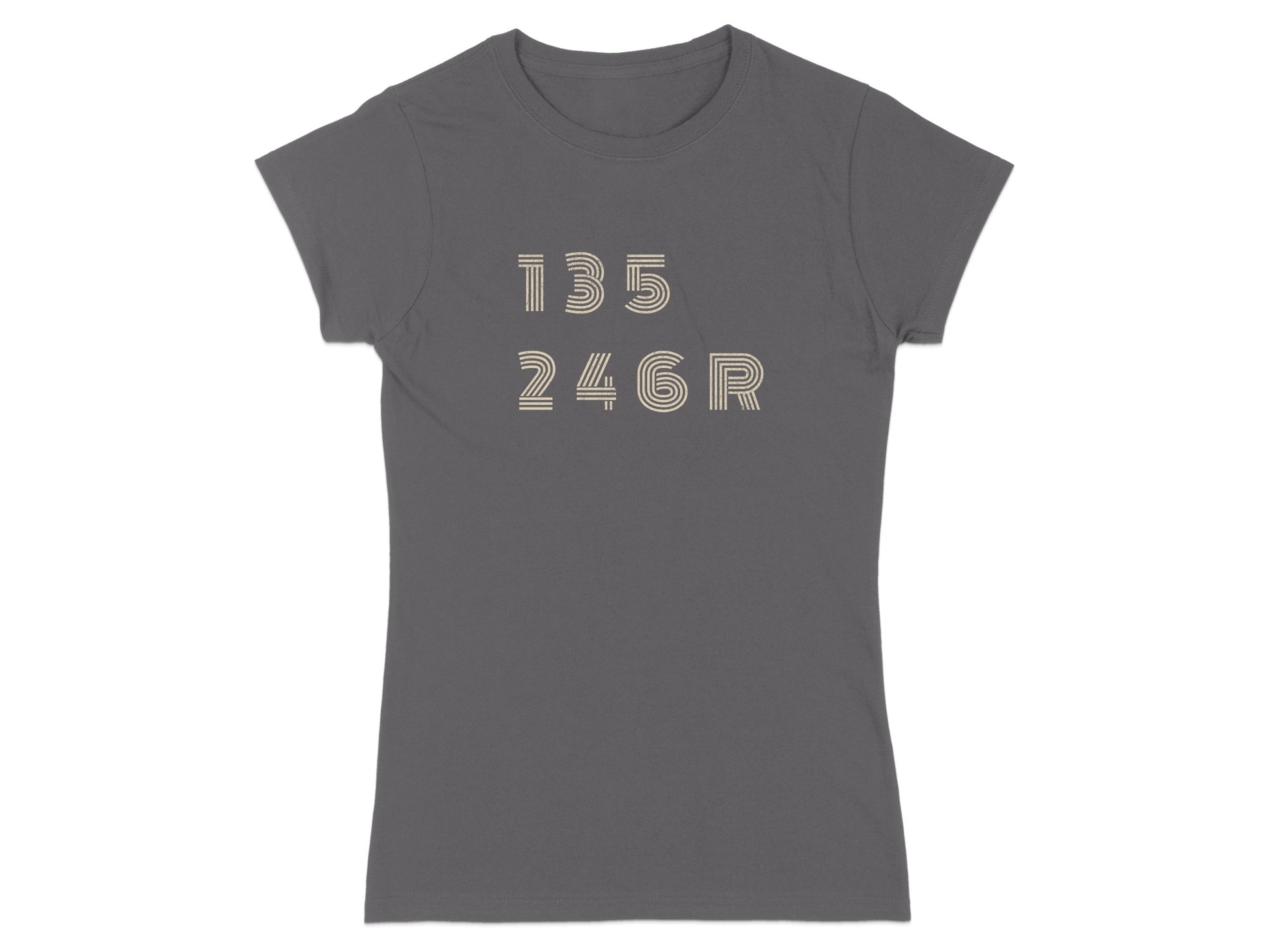 Dark grey t-shirt with "135 246R" in white text.