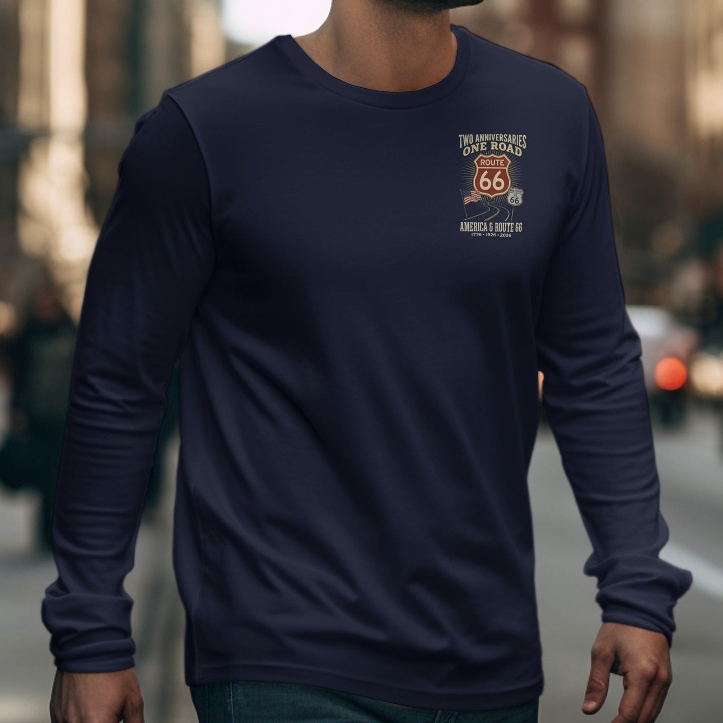 Navy long-sleeve shirt with Route 66 graphic: "Two Anniversaries, One Road."