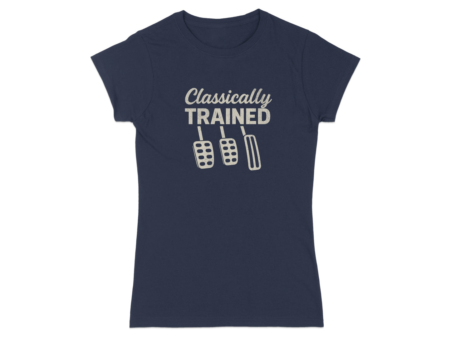 Navy t-shirt with "Classically Trained" and three pedals graphic.