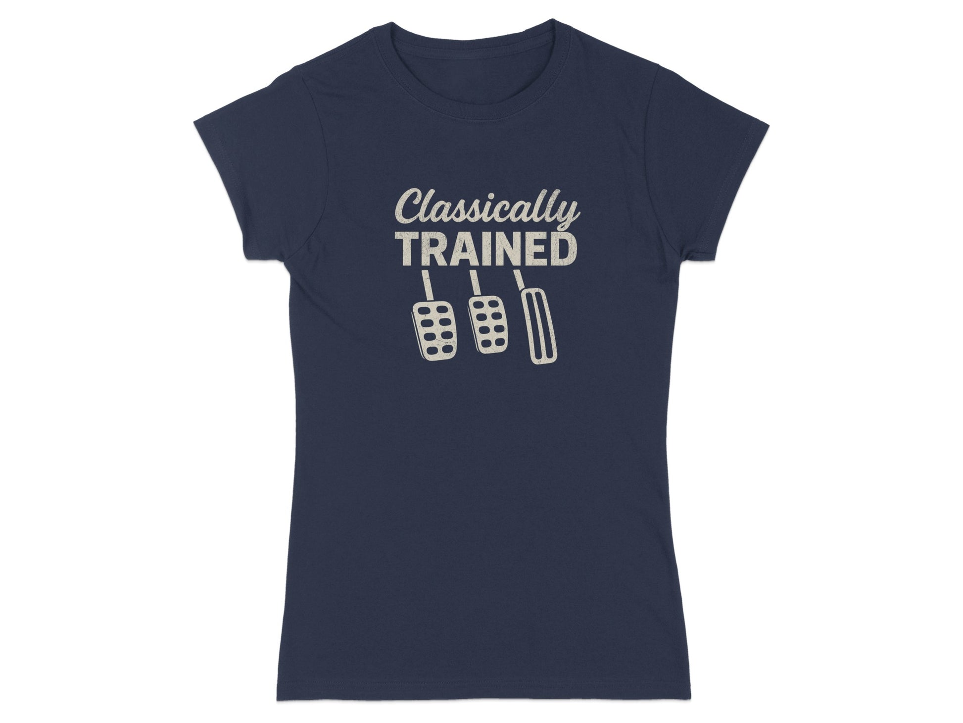 Navy t-shirt with "Classically Trained" and three pedals graphic.