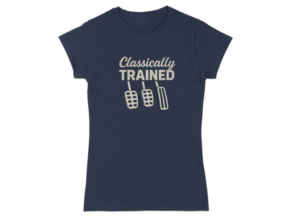 Navy t-shirt with "Classically Trained" and three pedals graphic.