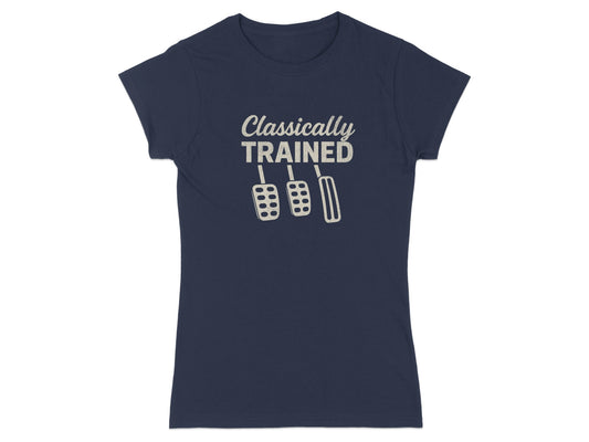 Navy t-shirt with "Classically Trained" and three pedals graphic.