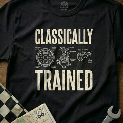 T-shirt with "CLASSICALLY TRAINED" and automotive engine diagram.