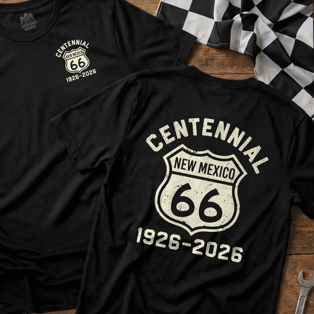 Black t-shirt with "Centennial New Mexico 66" Route 66 logo and dates.