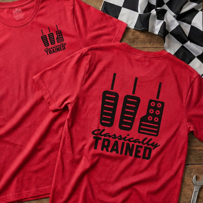 Red t-shirt with black graphic of three pedals and "CLASSICALLY TRAINED" text.