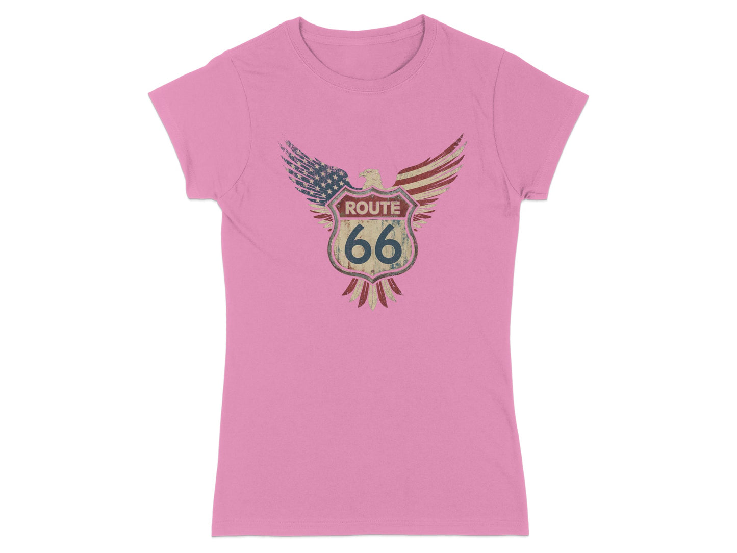 Pink t-shirt with distressed Route 66 shield and eagle emblem.