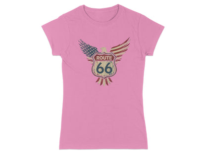 Pink t-shirt with distressed Route 66 shield and eagle emblem.
