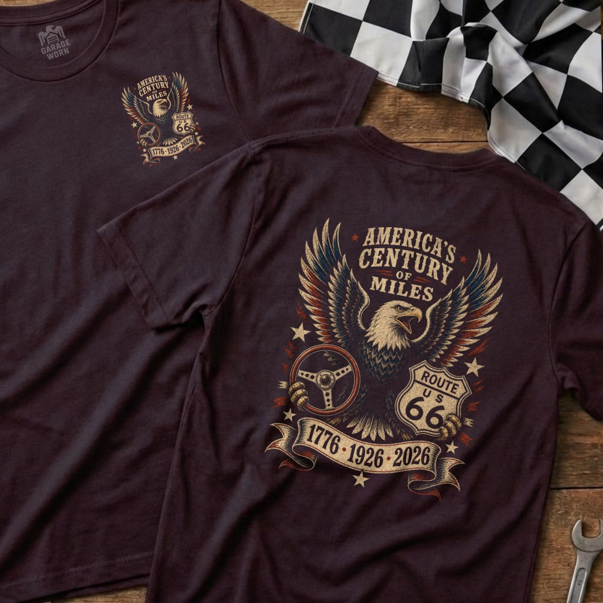 Burgundy t-shirt with eagle, steering wheel, and Route 66 text.