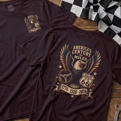Burgundy t-shirt with eagle, steering wheel, and Route 66 text.