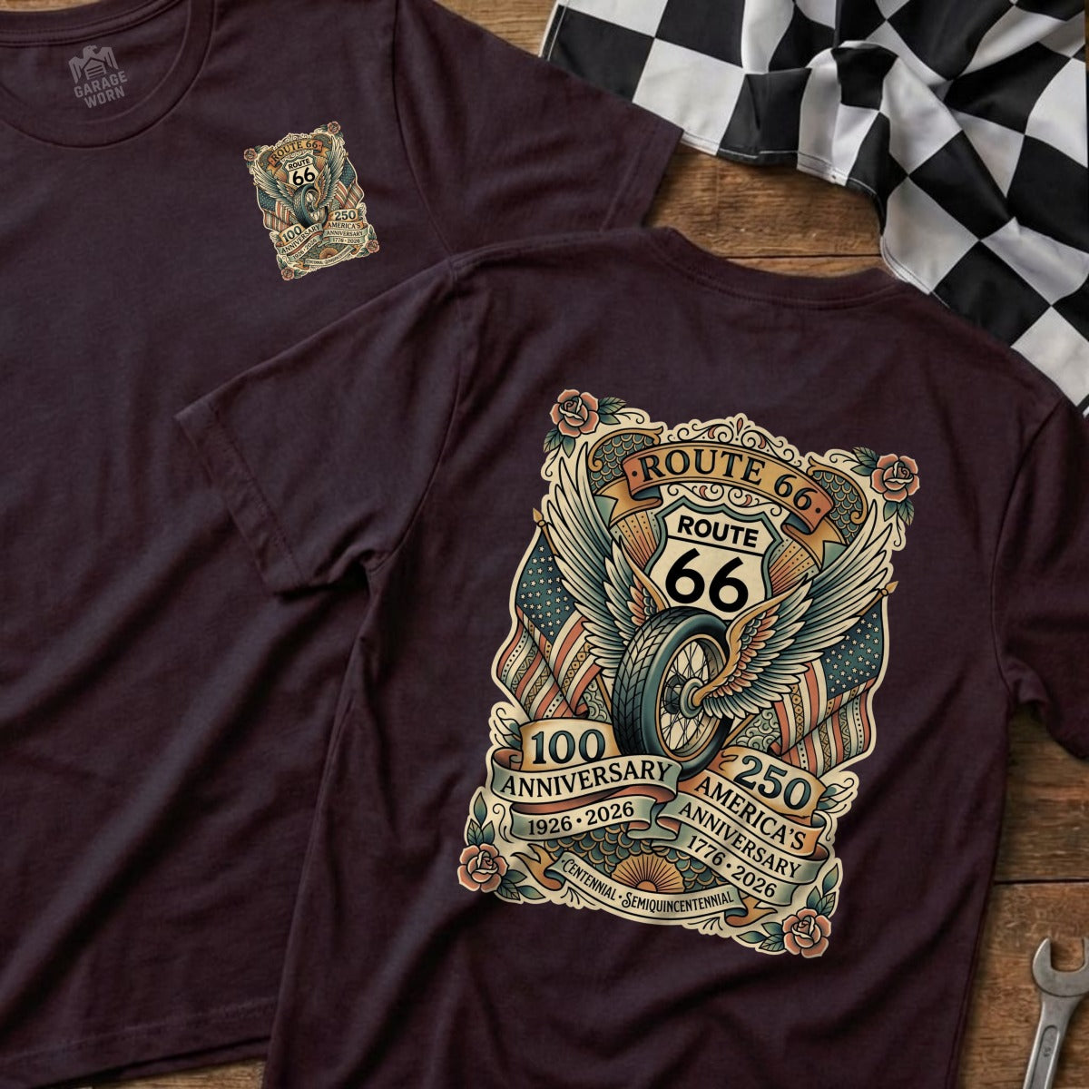 Route 66 100th and 250th anniversary logo on a maroon t-shirt.