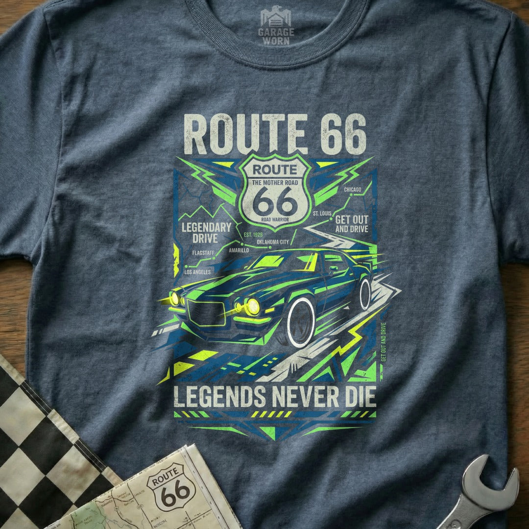 Route 66 t-shirt with vintage car and "Legends Never Die" text.