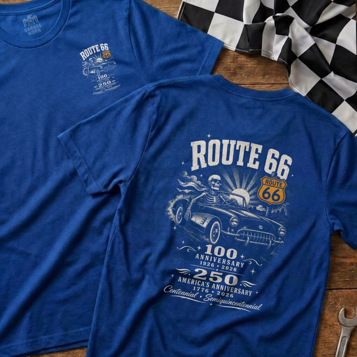 Blue t-shirt with Route 66 graphic featuring a skeleton driving a classic car.