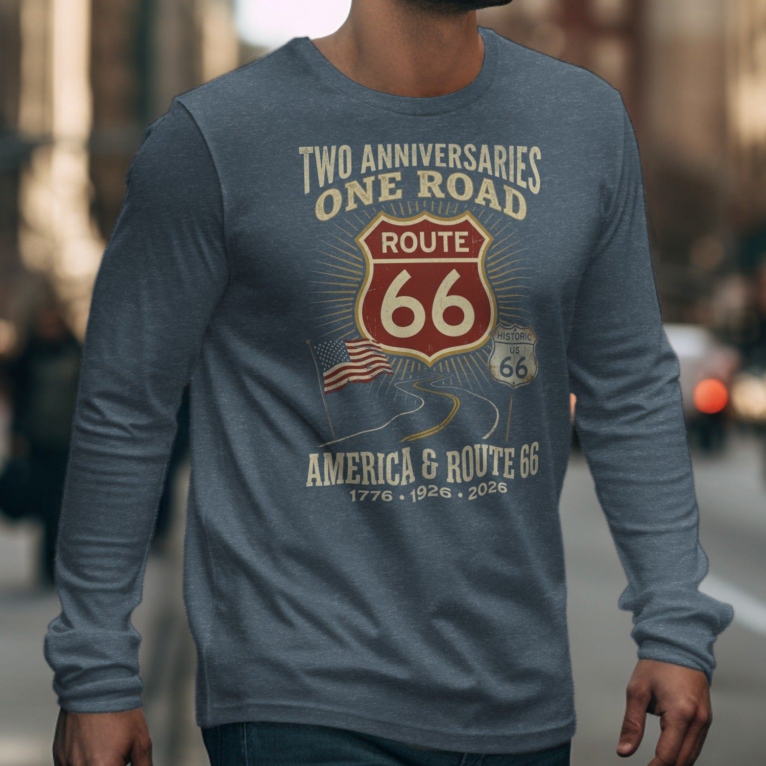 Men's long-sleeve shirt with Route 66 design, two anniversaries, one road, 1776, 1926, 2026.