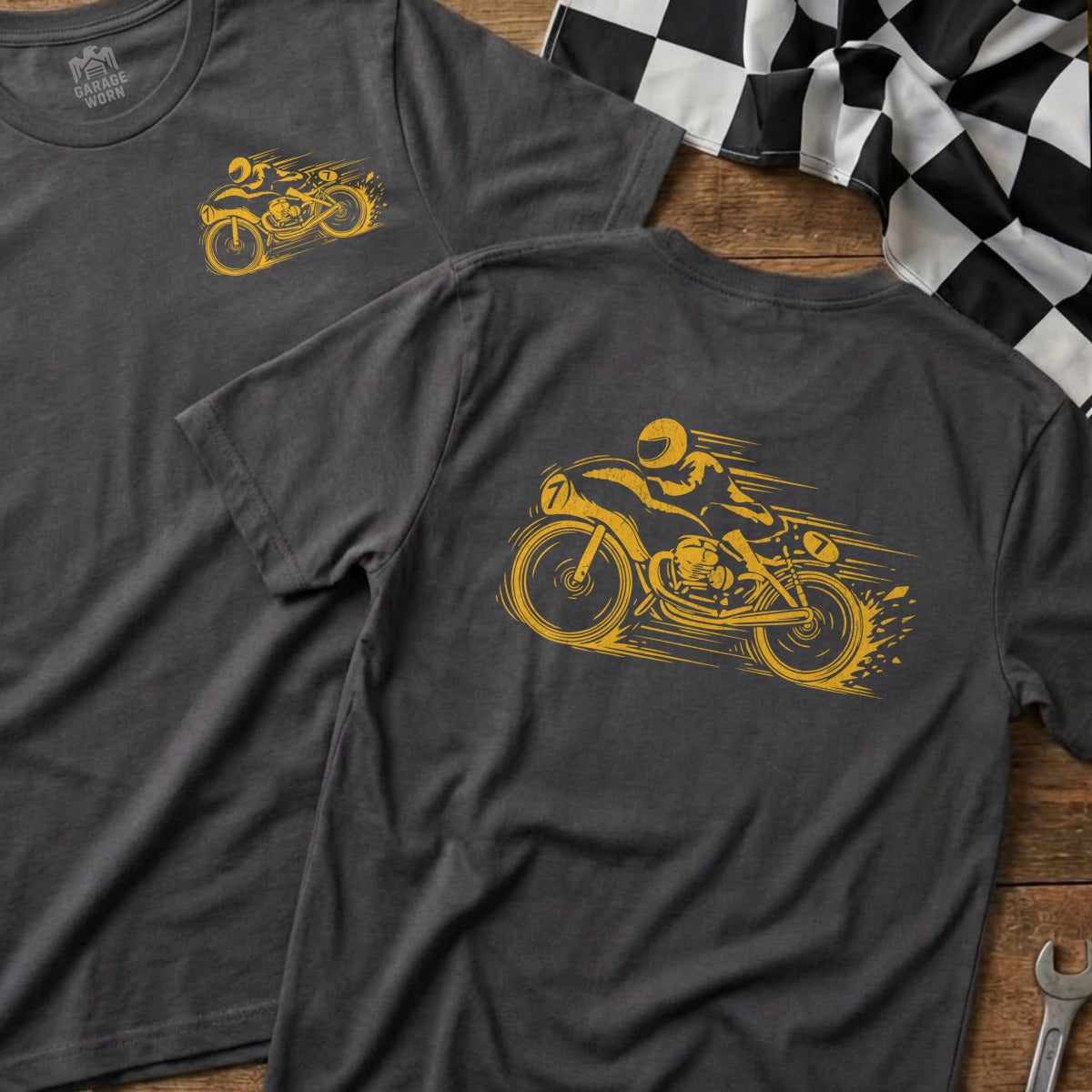 Dark gray t-shirts with yellow graphic of a motorcycle racer.