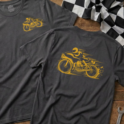 Dark gray t-shirts with yellow graphic of a motorcycle racer.