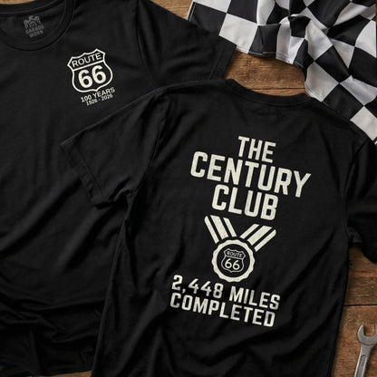 Black t-shirts with Route 66 logos and "100 YEARS 1926-2026" and "The Century Club" text.