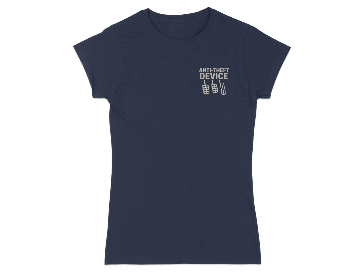 Navy t-shirt with "ANTI-THEFT DEVICE" and a graphic of car pedals.