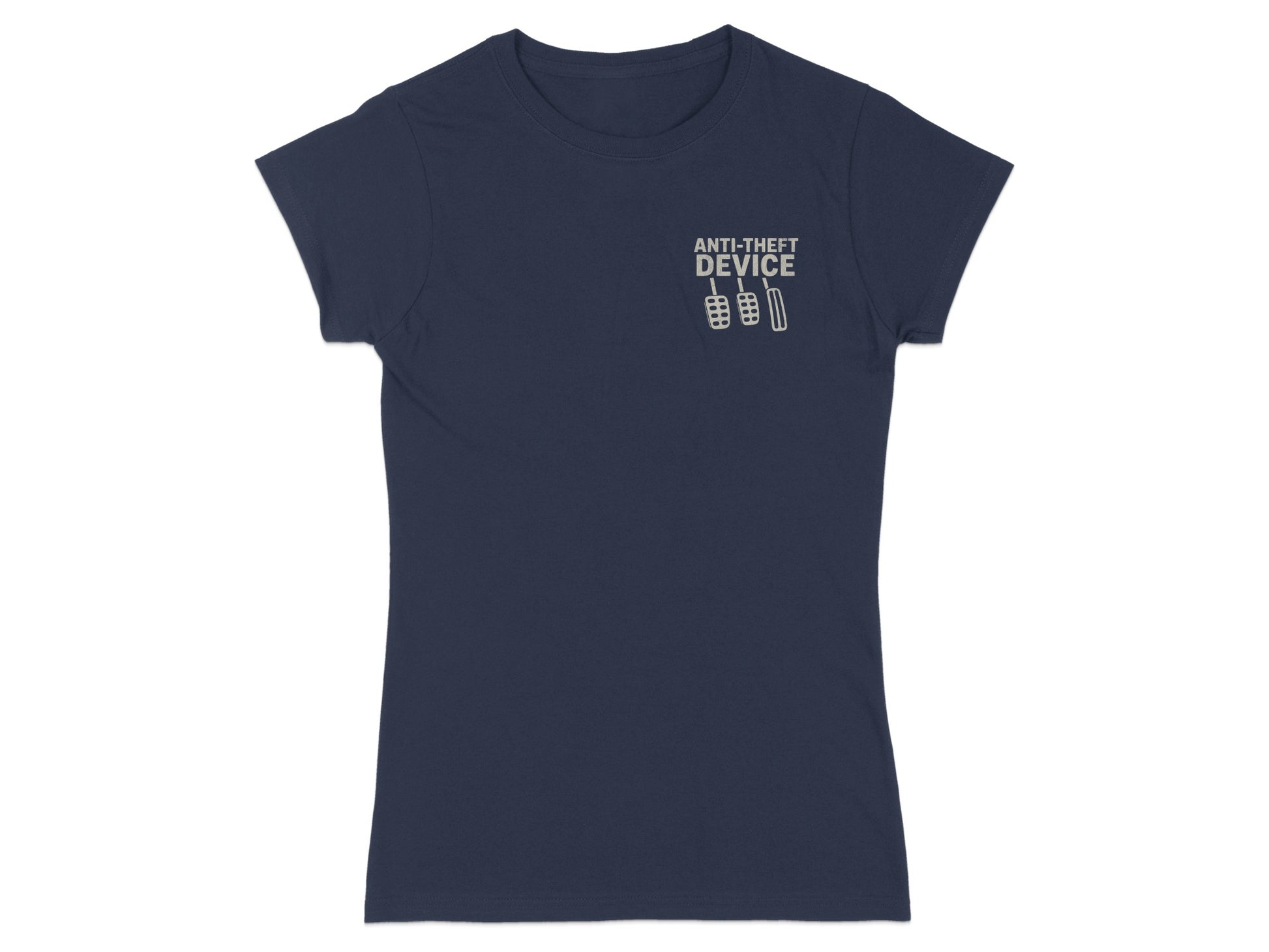 Navy t-shirt with "ANTI-THEFT DEVICE" and a graphic of car pedals.