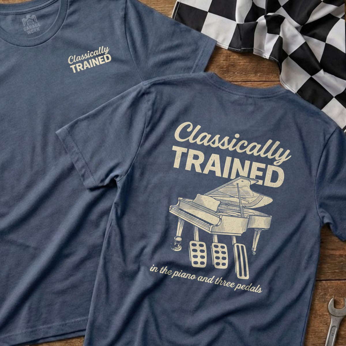 Blue t-shirt with "Classically Trained" and a grand piano design.