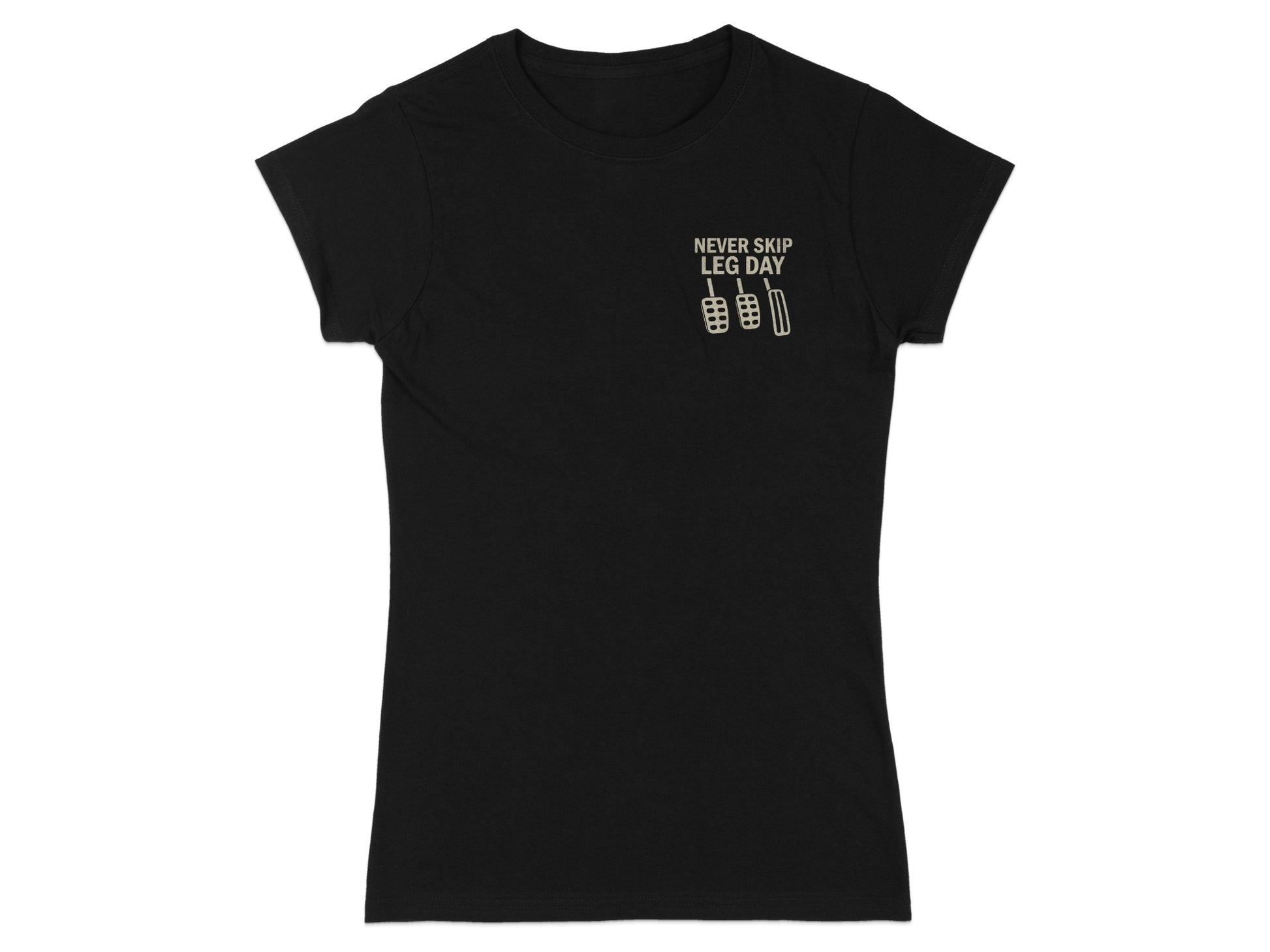Black t-shirt with "NEVER SKIP LEG DAY" and pedal graphic.