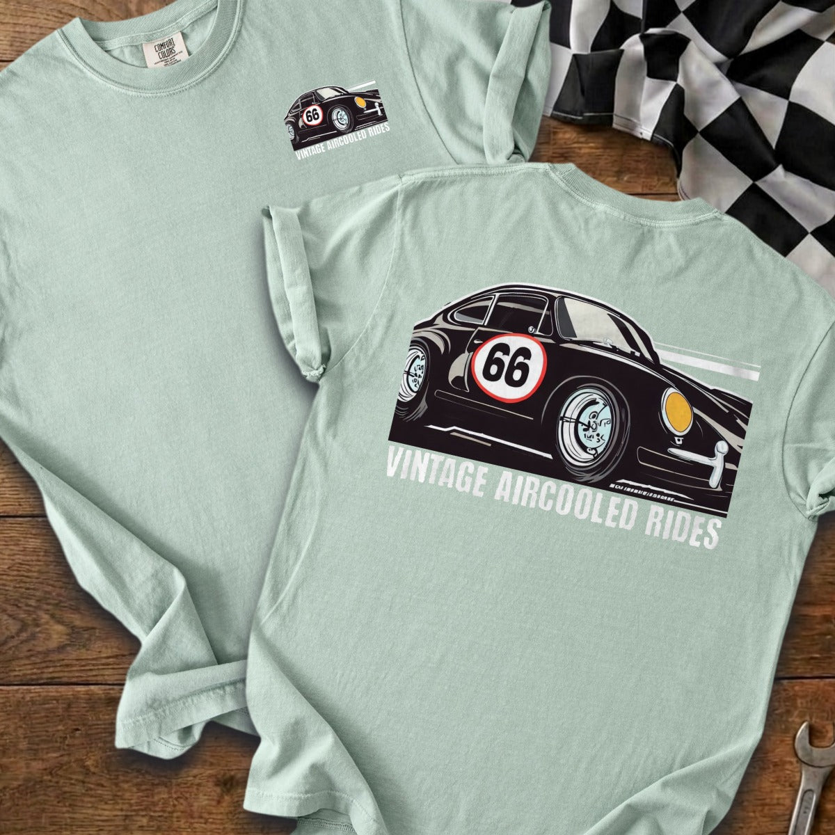 Light green t-shirts with a black Porsche 911 graphic and "VINTAGE AIRCOOLED RIDES" text.