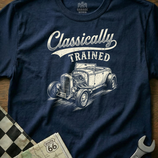 Navy t-shirt featuring "Classically TRAINED" text with a hot rod drawing.
