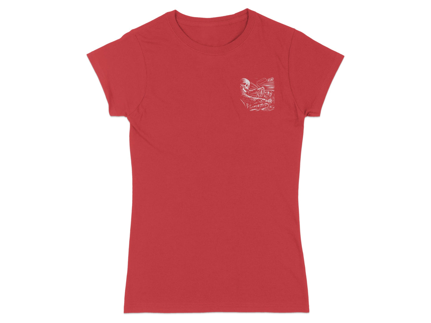 Red t-shirt with a detailed skeleton playing piano graphic on left chest.