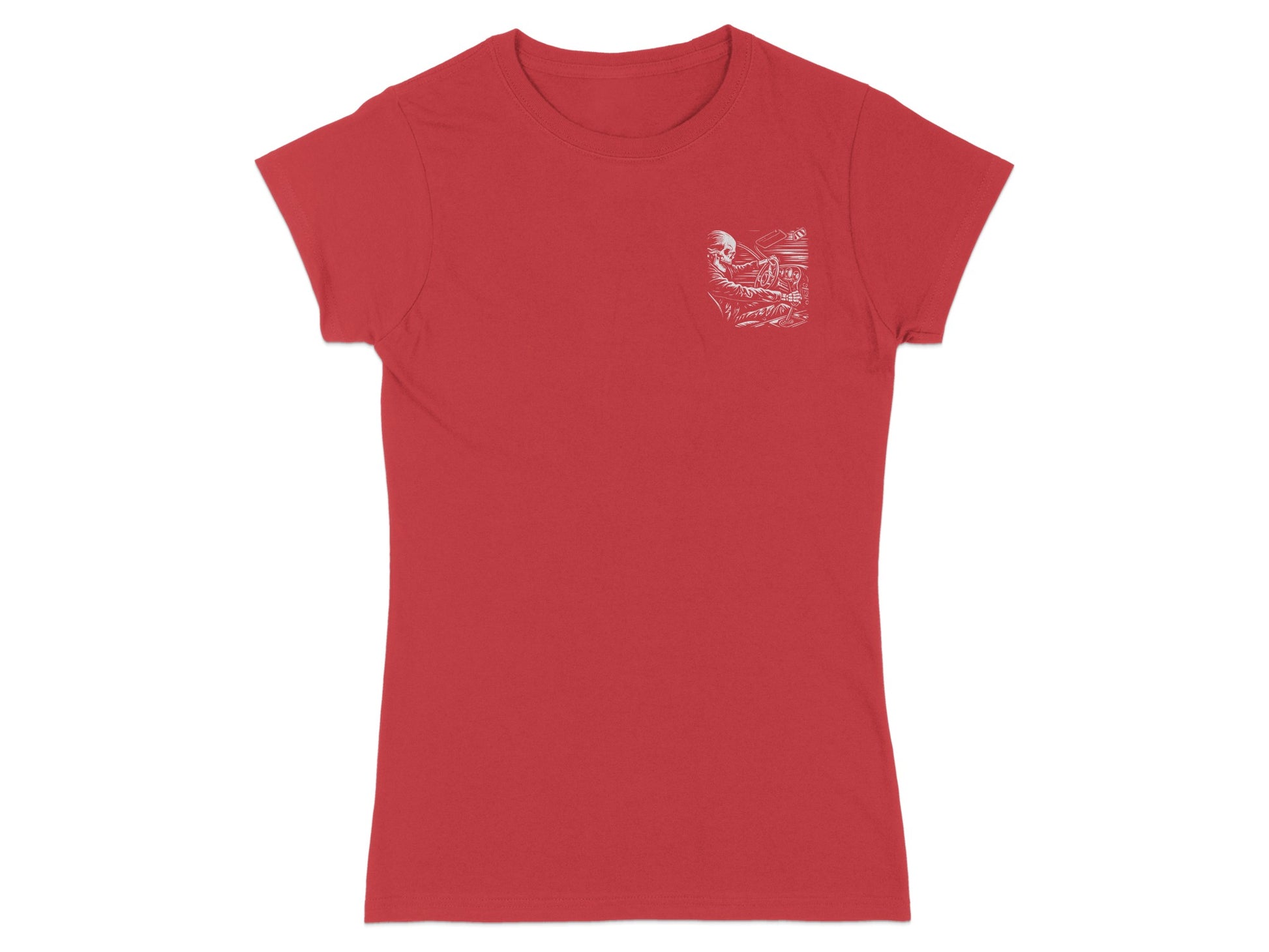 Red t-shirt with a detailed skeleton playing piano graphic on left chest.
