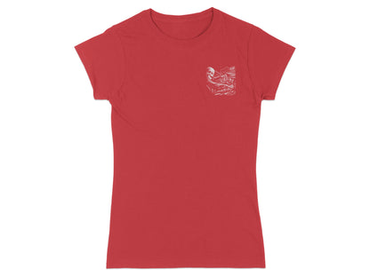 Red t-shirt with a detailed skeleton playing piano graphic on left chest.