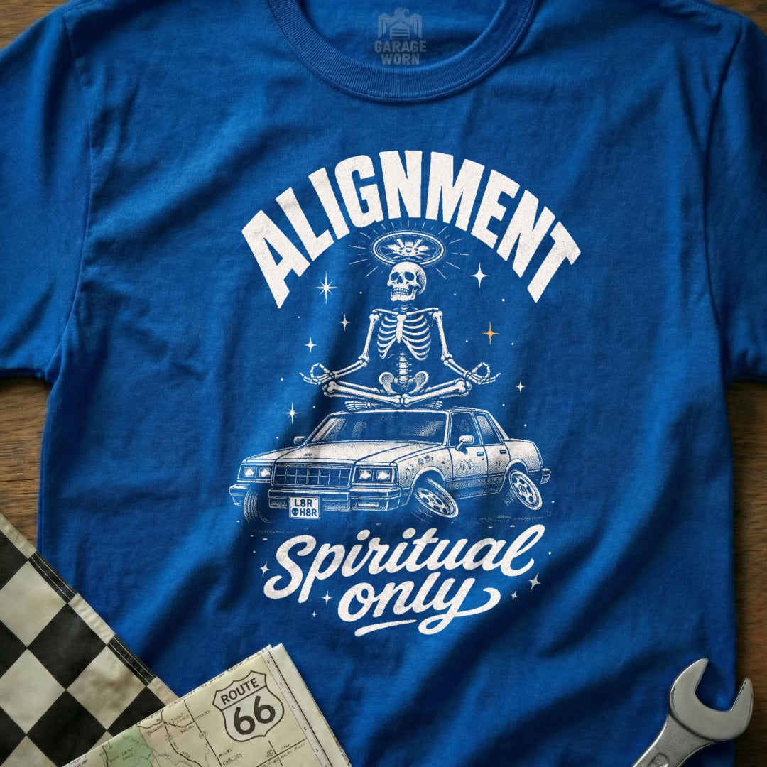 Skeleton meditating on a car with text "ALIGNMENT Spiritual only."