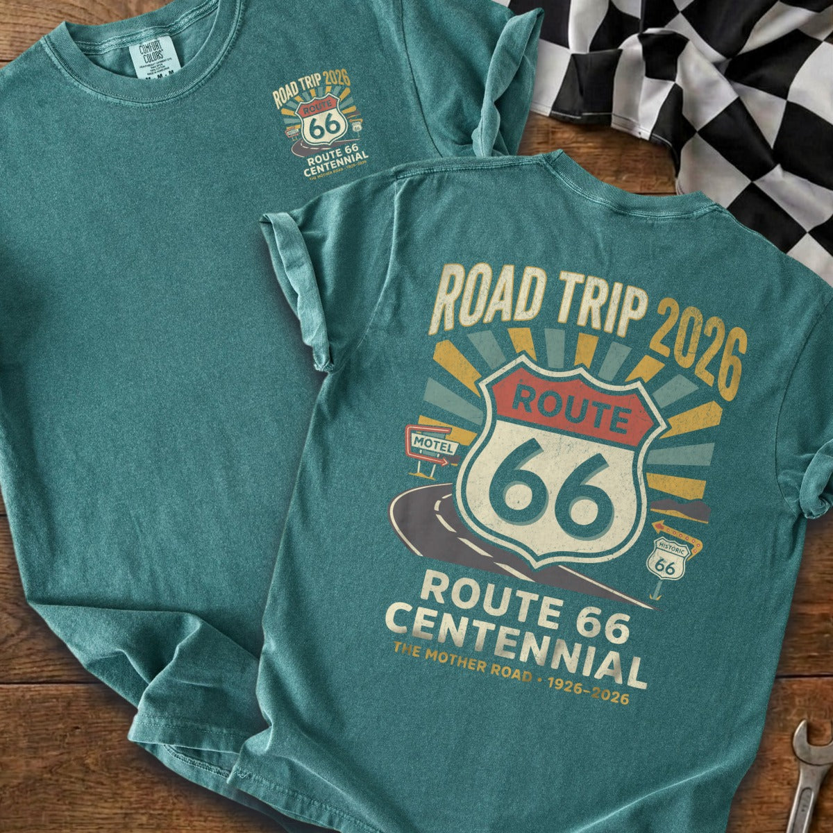 Teal t-shirt with Route 66 Centennial Road Trip 2026 graphic.