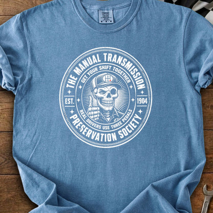 Manual Transmission Preservation Society design with a skeleton giving a thumbs-up.