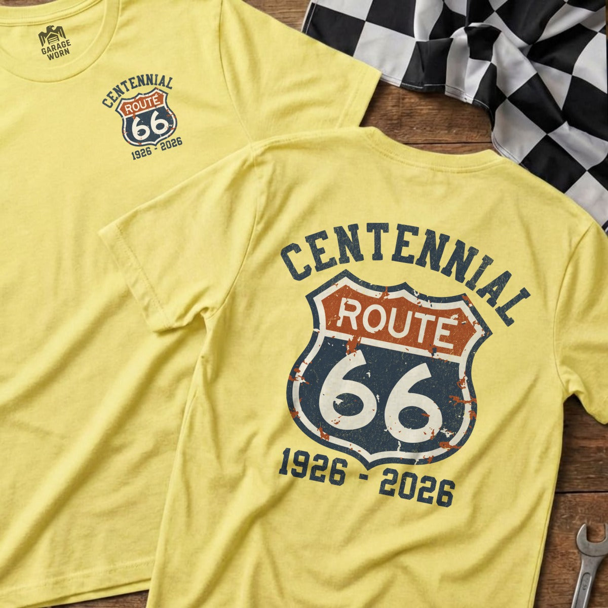 Yellow t-shirt with Route 66 Centennial logo and dates 1926-2026.