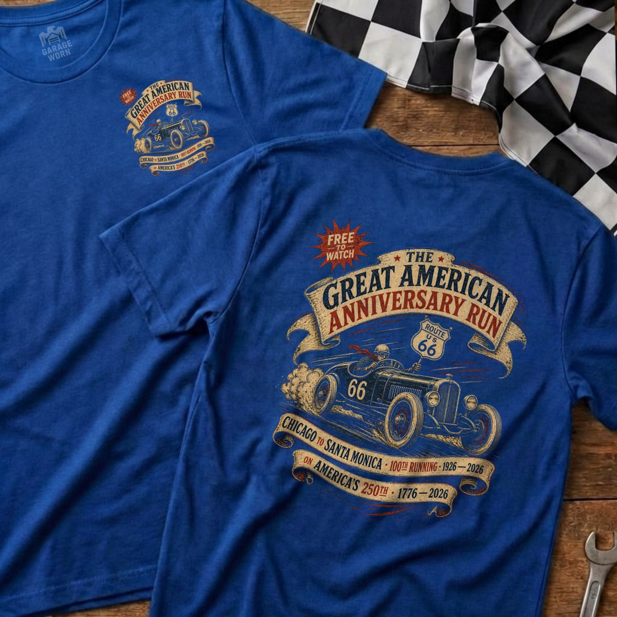 Blue t-shirt with Great American Anniversary Run graphic featuring vintage car and route 66.