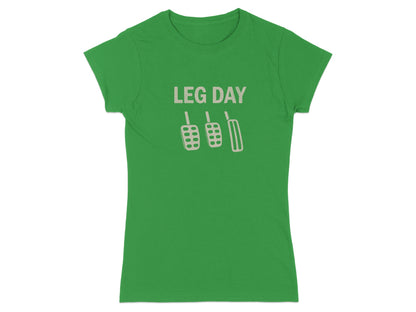 Green t-shirt with "LEG DAY" and three pedal icons.