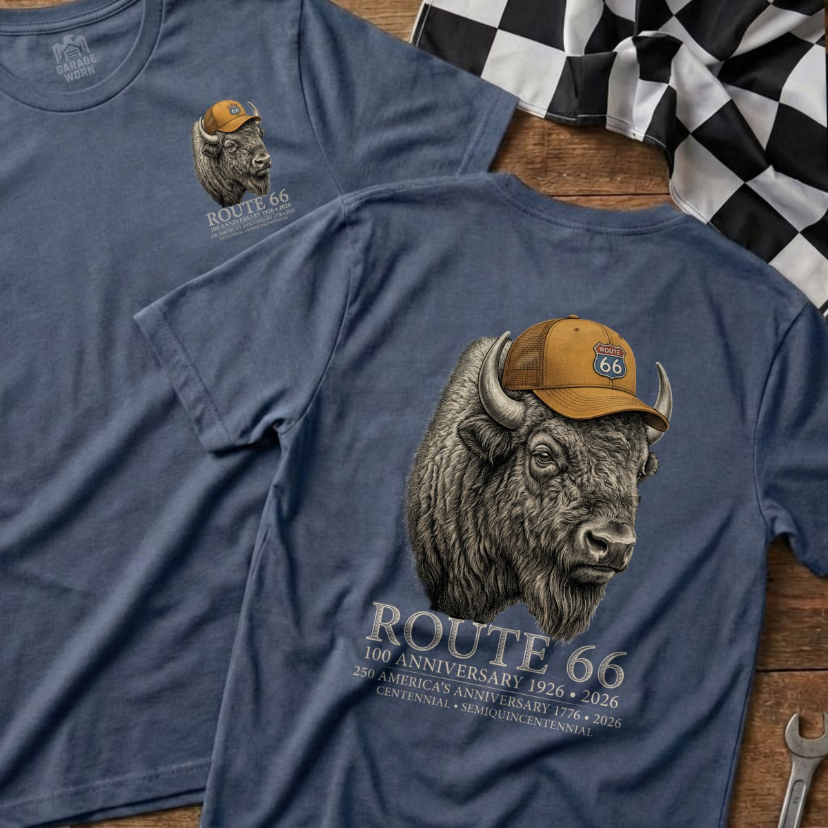 Route 66 t-shirt featuring a Route 66 capped bison and anniversary text.