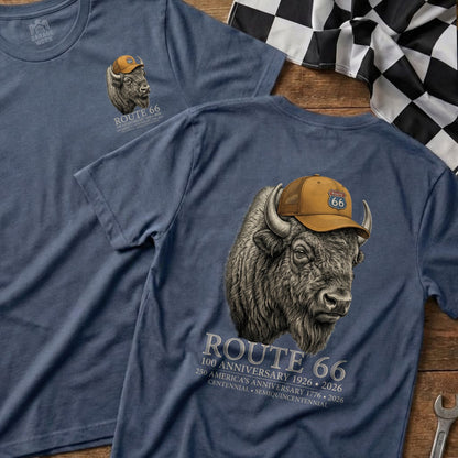 Route 66 t-shirt featuring a Route 66 capped bison and anniversary text.