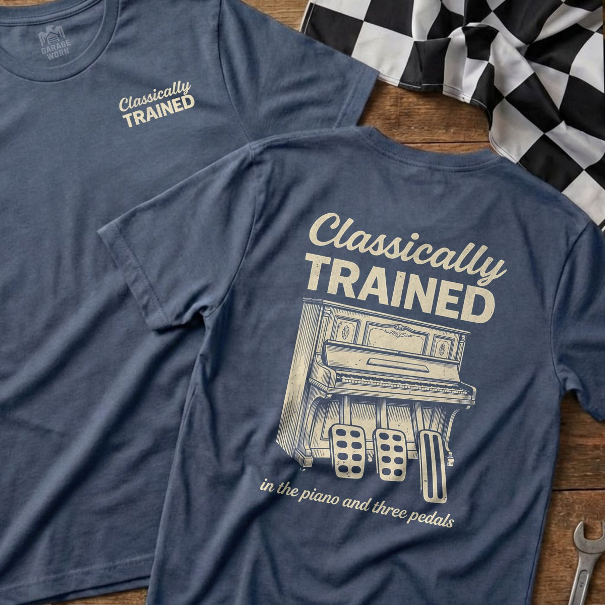 Blue t-shirt back: "Classically Trained" text above a vintage piano with three pedals.