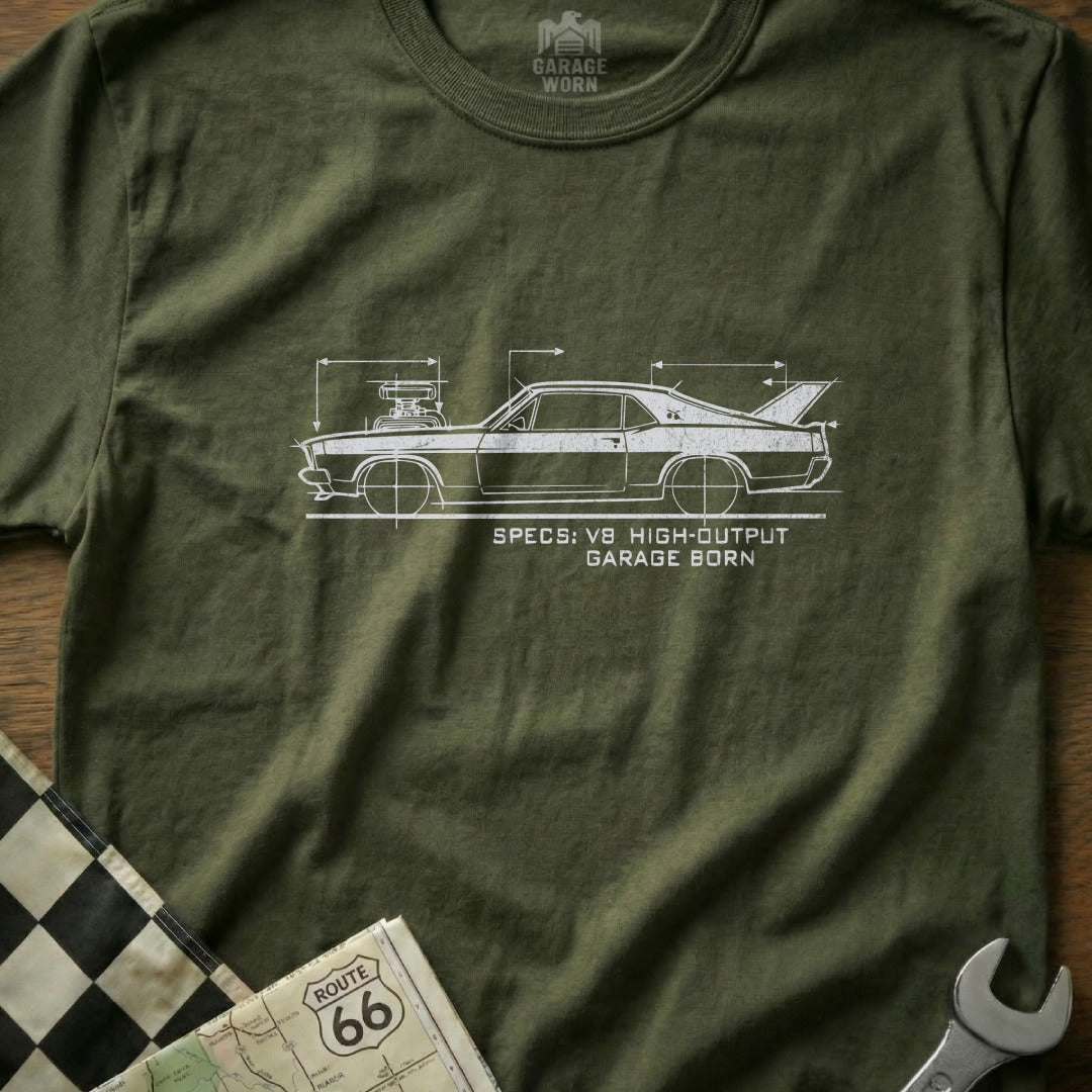 V8 High-Output Garage Born Classic Car Diagram Shirt