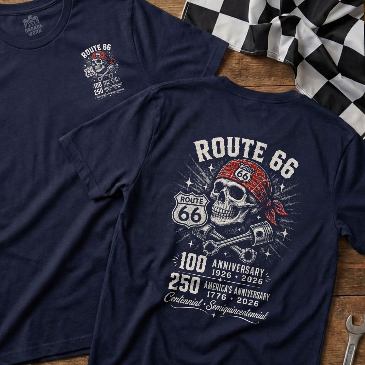 Navy t-shirts featuring Route 66 skull with pistons, anniversary text, and checkered flag.