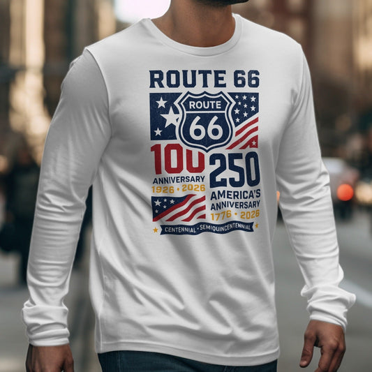 White long-sleeve shirt with Route 66 anniversary graphics and American flag details.